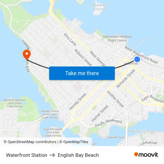 Waterfront Station to English Bay Beach map