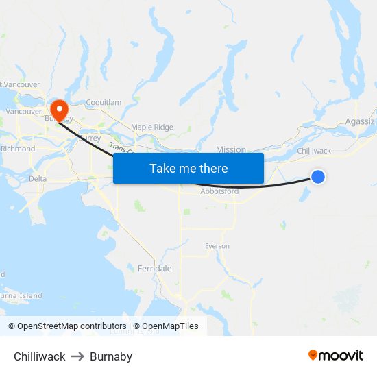 Chilliwack to Burnaby map
