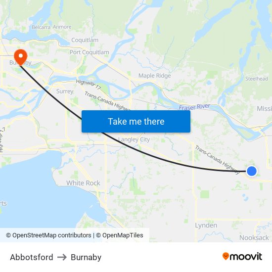 Abbotsford to Burnaby map