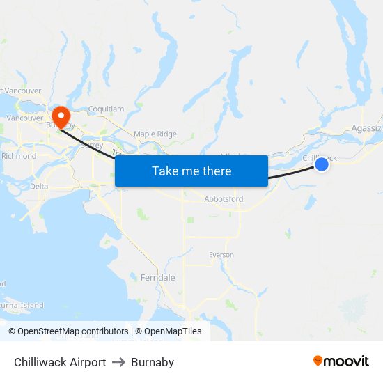 Chilliwack Airport to Burnaby map