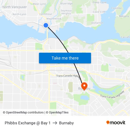 Phibbs Exchange @ Bay 1 to Burnaby map