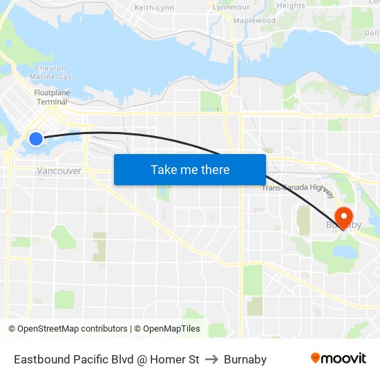 Eastbound Pacific Blvd @ Homer St to Burnaby map