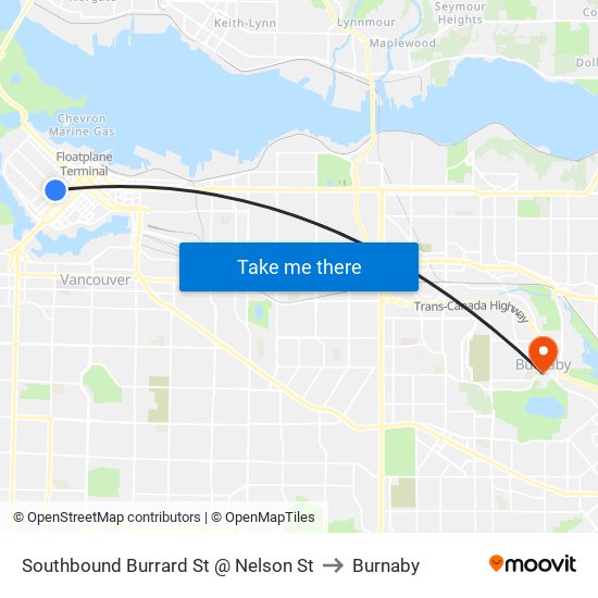 Southbound Burrard St @ Nelson St to Burnaby map