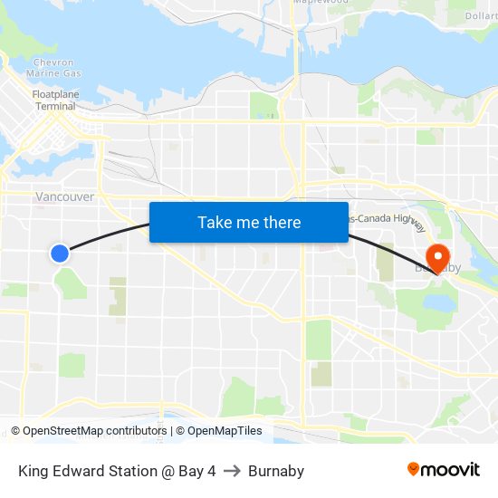 King Edward Station @ Bay 4 to Burnaby map