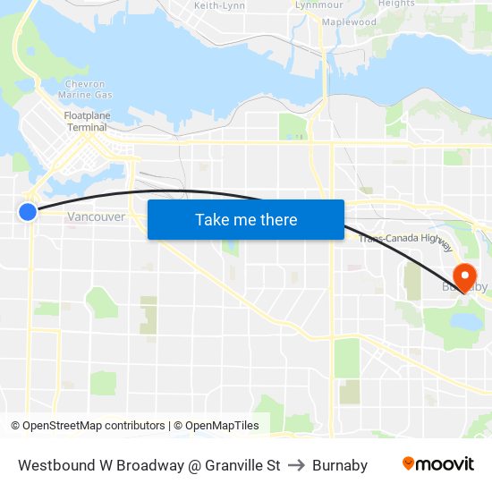 Westbound W Broadway @ Granville St to Burnaby map