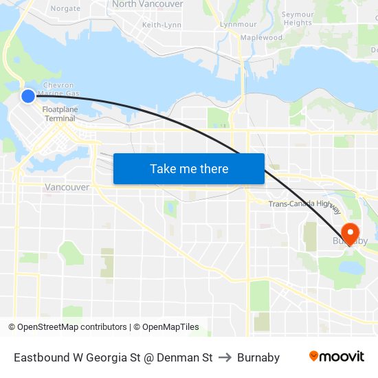 Eastbound W Georgia St @ Denman St to Burnaby map