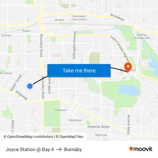 Joyce Station @ Bay 4 to Burnaby map