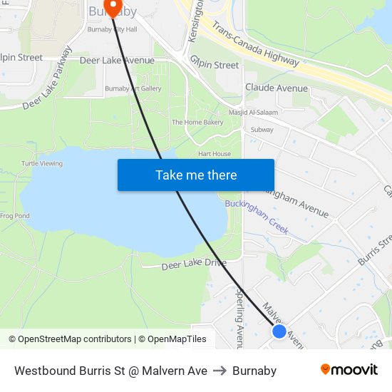 Westbound Burris St @ Malvern Ave to Burnaby map