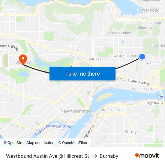 Westbound Austin Ave @ Hillcrest St to Burnaby map