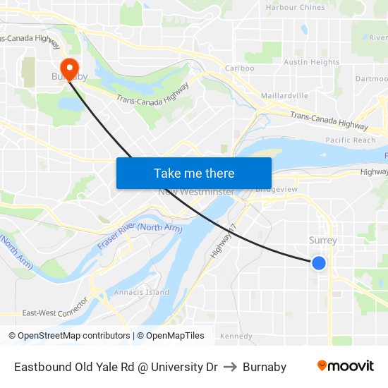 Eastbound Old Yale Rd @ University Dr to Burnaby map
