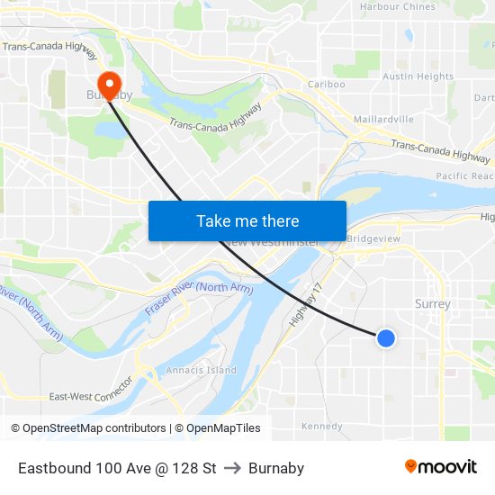 Eastbound 100 Ave @ 128 St to Burnaby map