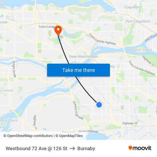 Westbound 72 Ave @ 126 St to Burnaby map