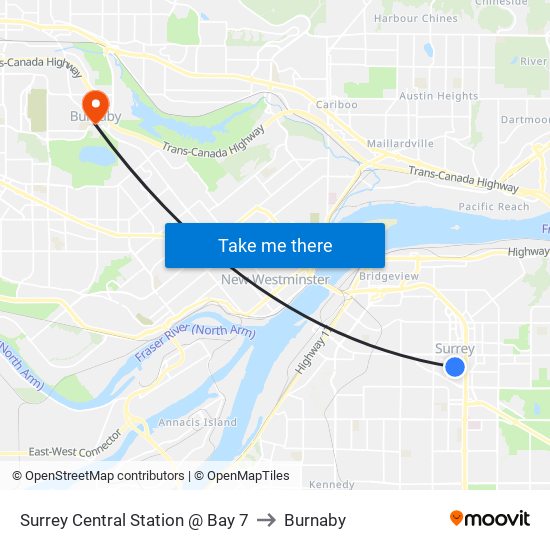 Surrey Central Station @ Bay 7 to Burnaby map