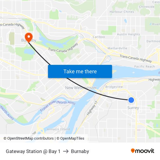 Gateway Station @ Bay 1 to Burnaby map