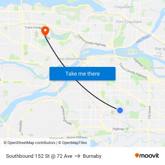 Southbound 152 St @ 72 Ave to Burnaby map