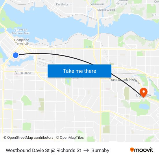 Westbound Davie St @ Richards St to Burnaby map