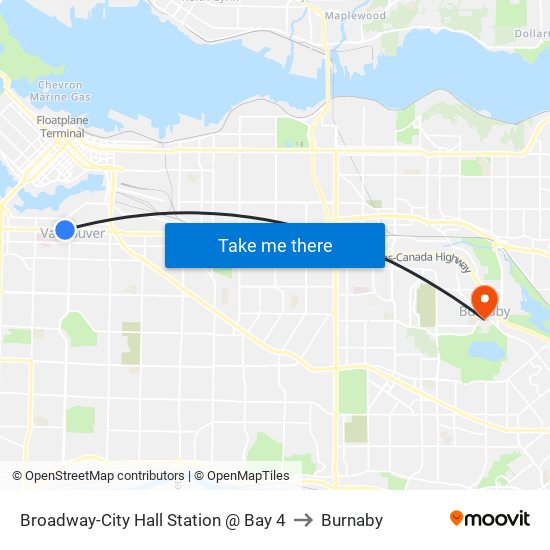 Broadway-City Hall Station @ Bay 4 to Burnaby map