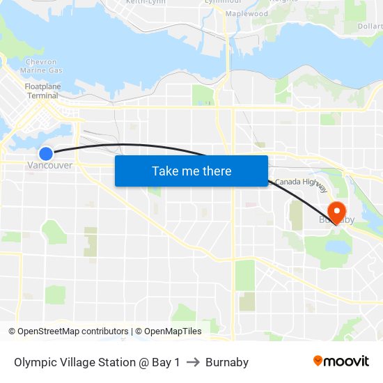 Olympic Village Station @ Bay 1 to Burnaby map