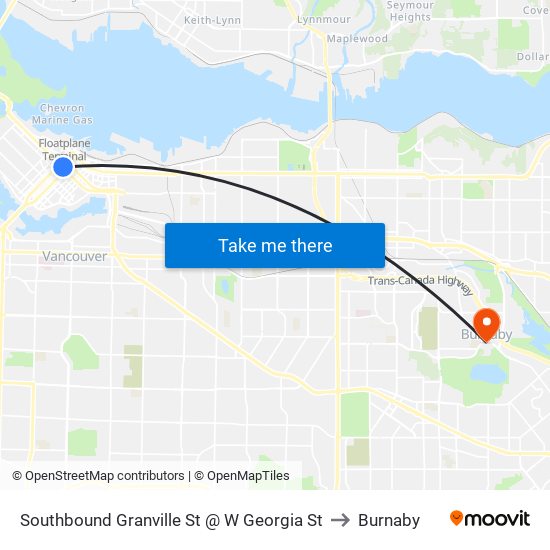 Southbound Granville St @ W Georgia St to Burnaby map