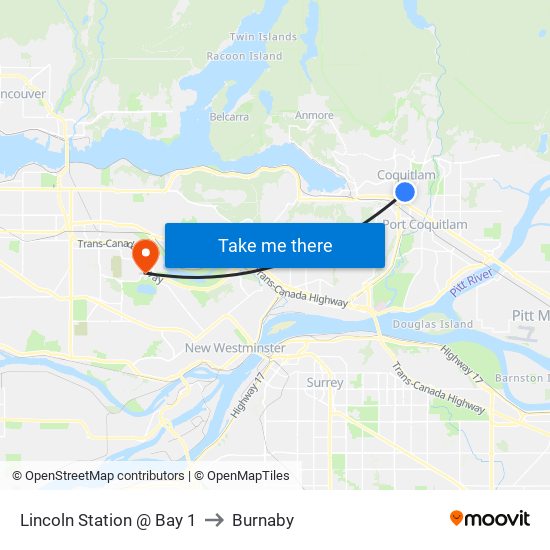 Lincoln Station @ Bay 1 to Burnaby map