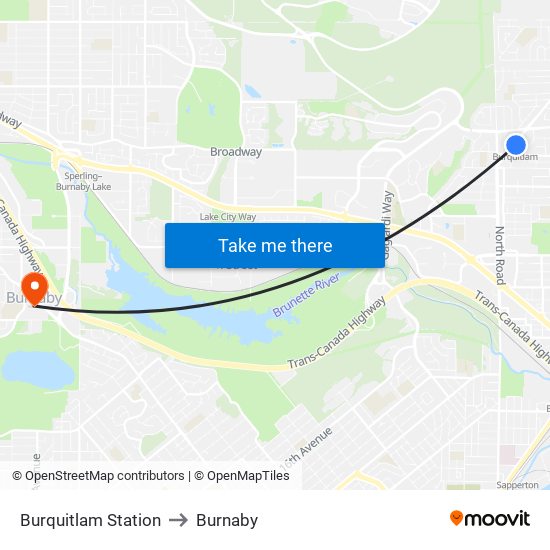 Burquitlam Station to Burnaby map