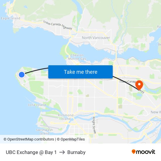 UBC Exchange @ Bay 1 to Burnaby map