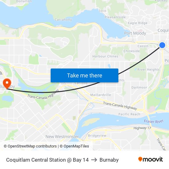 Coquitlam Central Station @ Bay 14 to Burnaby map