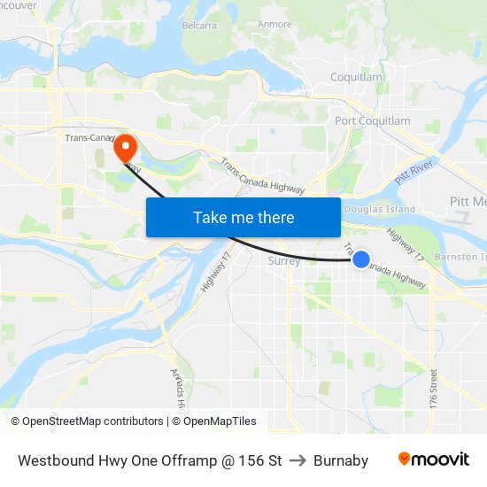 Westbound Hwy One Offramp @ 156 St to Burnaby map
