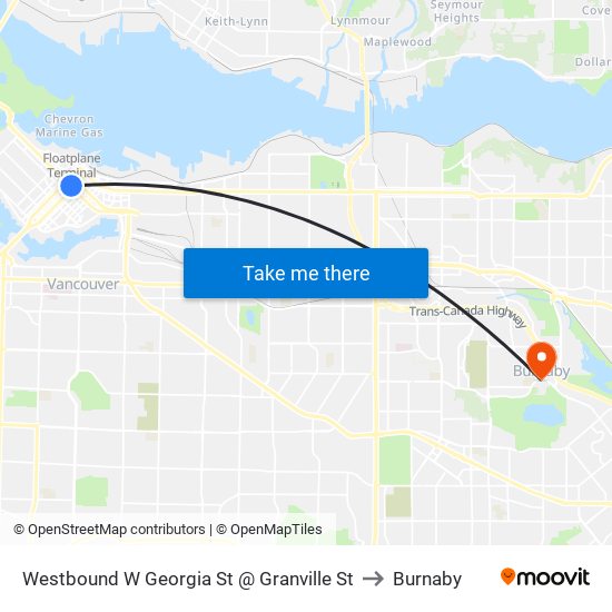 Westbound W Georgia St @ Granville St to Burnaby map