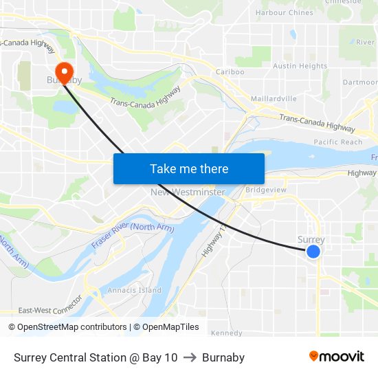 Surrey Central Station @ Bay 10 to Burnaby map