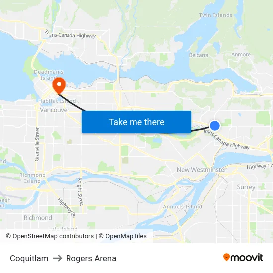 Coquitlam to Rogers Arena map