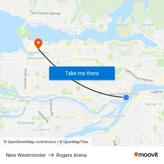 New Westminster to Rogers Arena map
