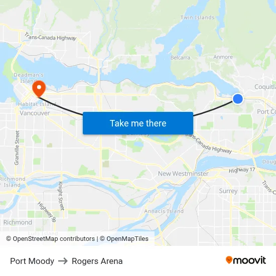Port Moody to Rogers Arena map
