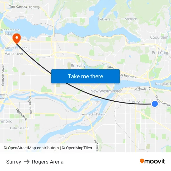 Surrey to Rogers Arena map