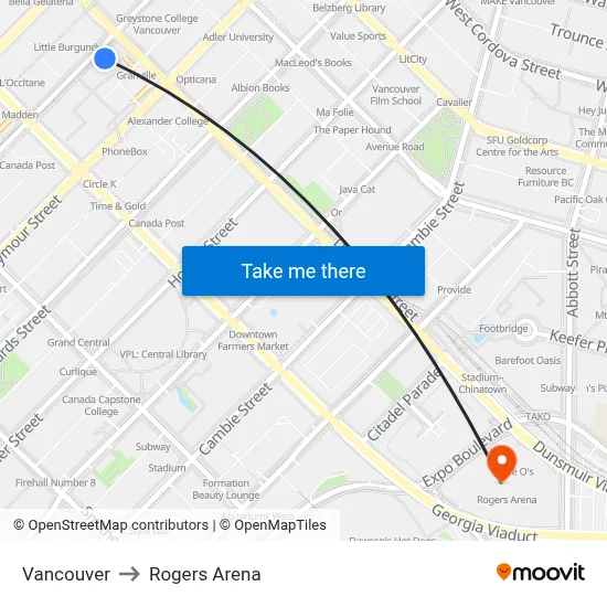 Vancouver to Rogers Arena map