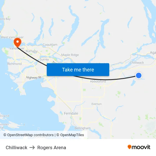 Chilliwack to Rogers Arena map
