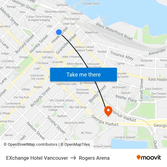 EXchange Hotel Vancouver to Rogers Arena map