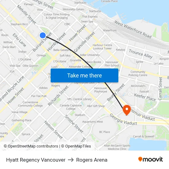 Hyatt Regency Vancouver to Rogers Arena map
