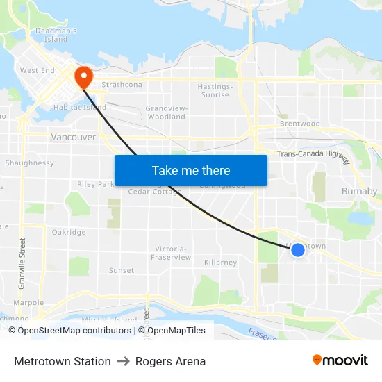 Metrotown Station to Rogers Arena map