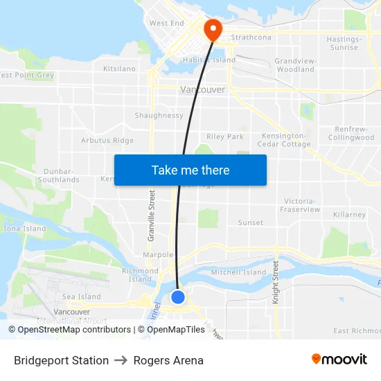 Bridgeport Station to Rogers Arena map