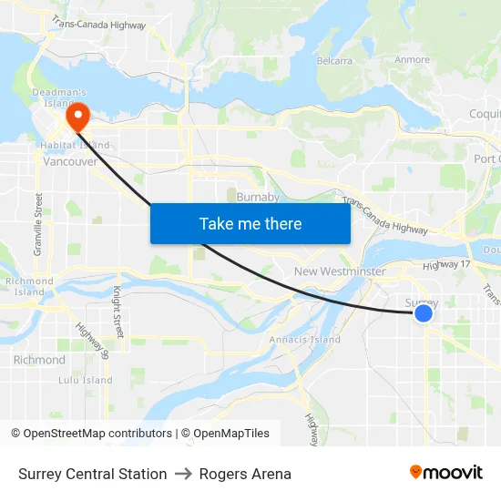 Surrey Central Station to Rogers Arena map