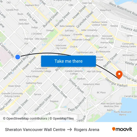 Sheraton Vancouver Wall Centre to Rogers Arena map