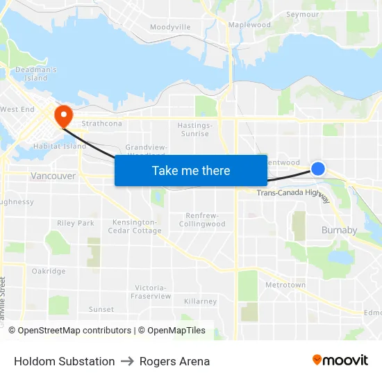 Holdom Substation to Rogers Arena map
