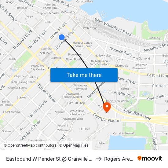 Eastbound W Pender St @ Granville St to Rogers Arena map