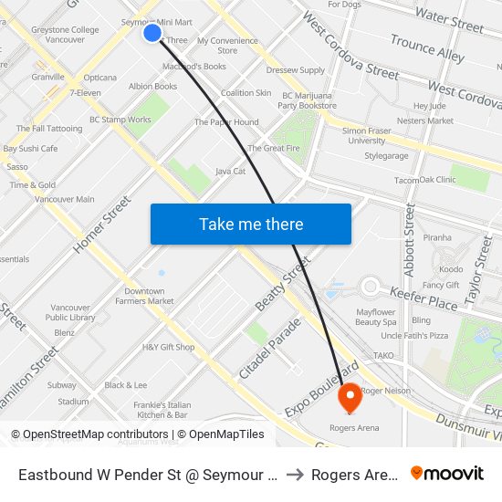Eastbound W Pender St @ Seymour St to Rogers Arena map