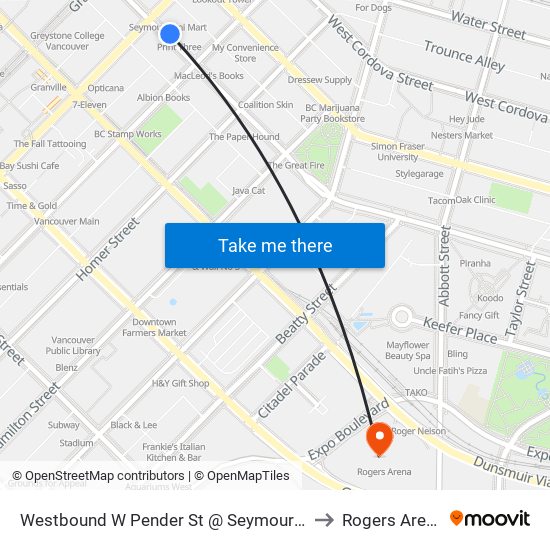 Westbound W Pender St @ Seymour St to Rogers Arena map