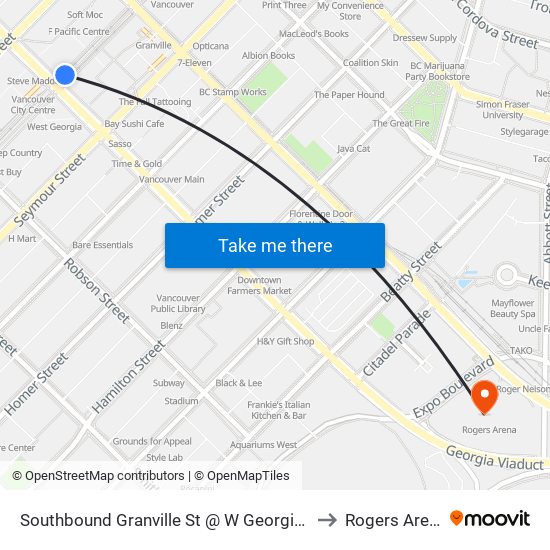 Southbound Granville St @ W Georgia St to Rogers Arena map