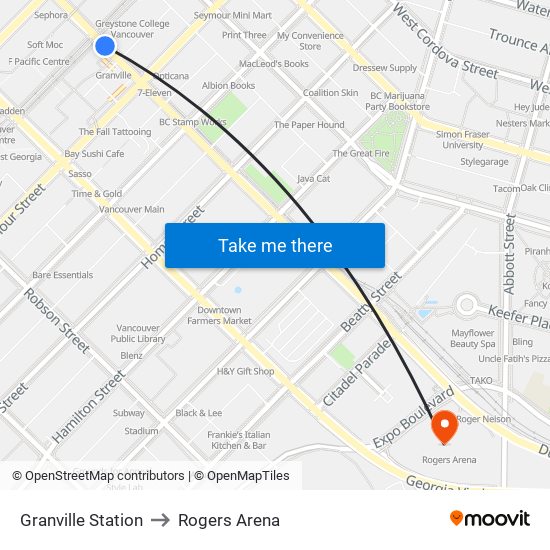 Granville Station to Rogers Arena map