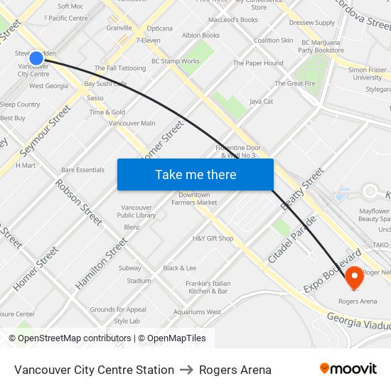 Vancouver City Centre Station to Rogers Arena map