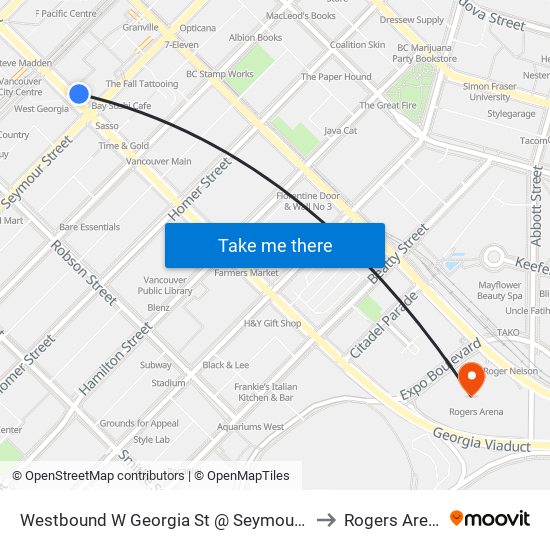 Westbound W Georgia St @ Seymour St to Rogers Arena map